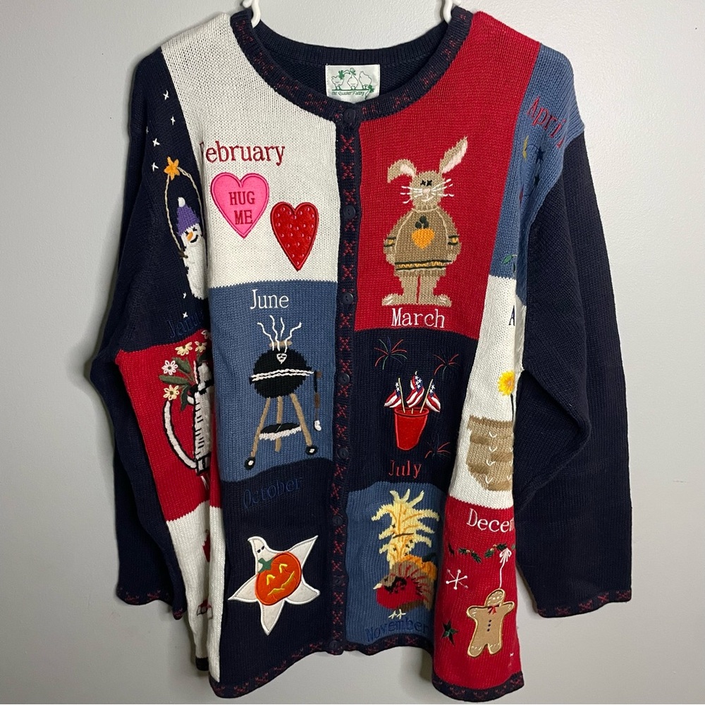 Quacker Factory Colorful Sweater 1X Cardigan Holiday Months NWT & Button Covers